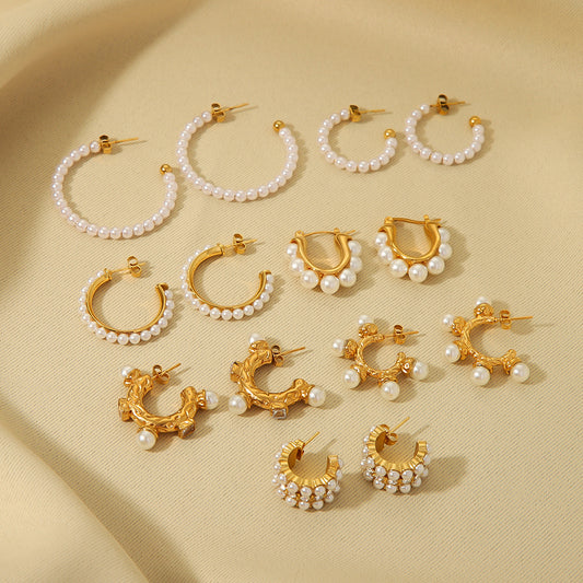 Orecchini a clip in acciaio inossidabile geometrici in stile INS con zirconi e perle per donna