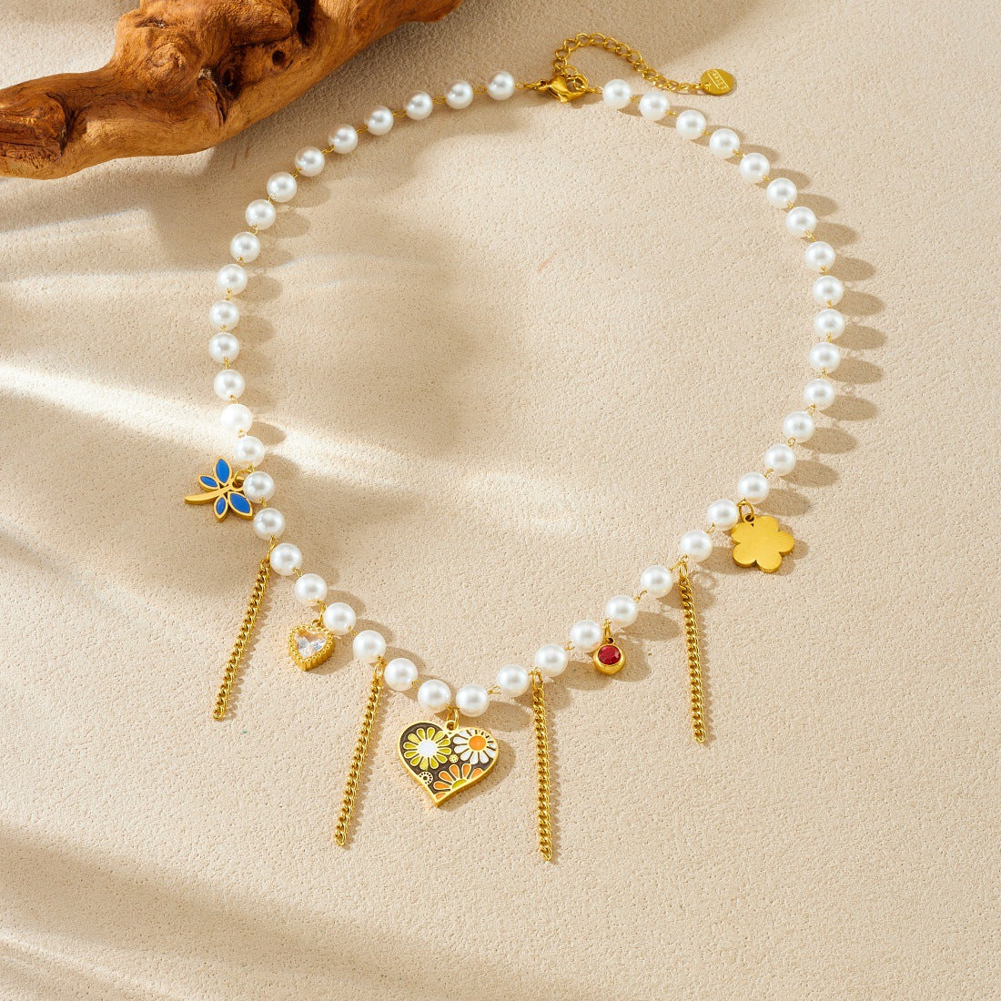 Casual Stainless Steel Plated Heart Butterfly Floral Pendant Ball Chain Necklace with Tassel and Faux Pearl