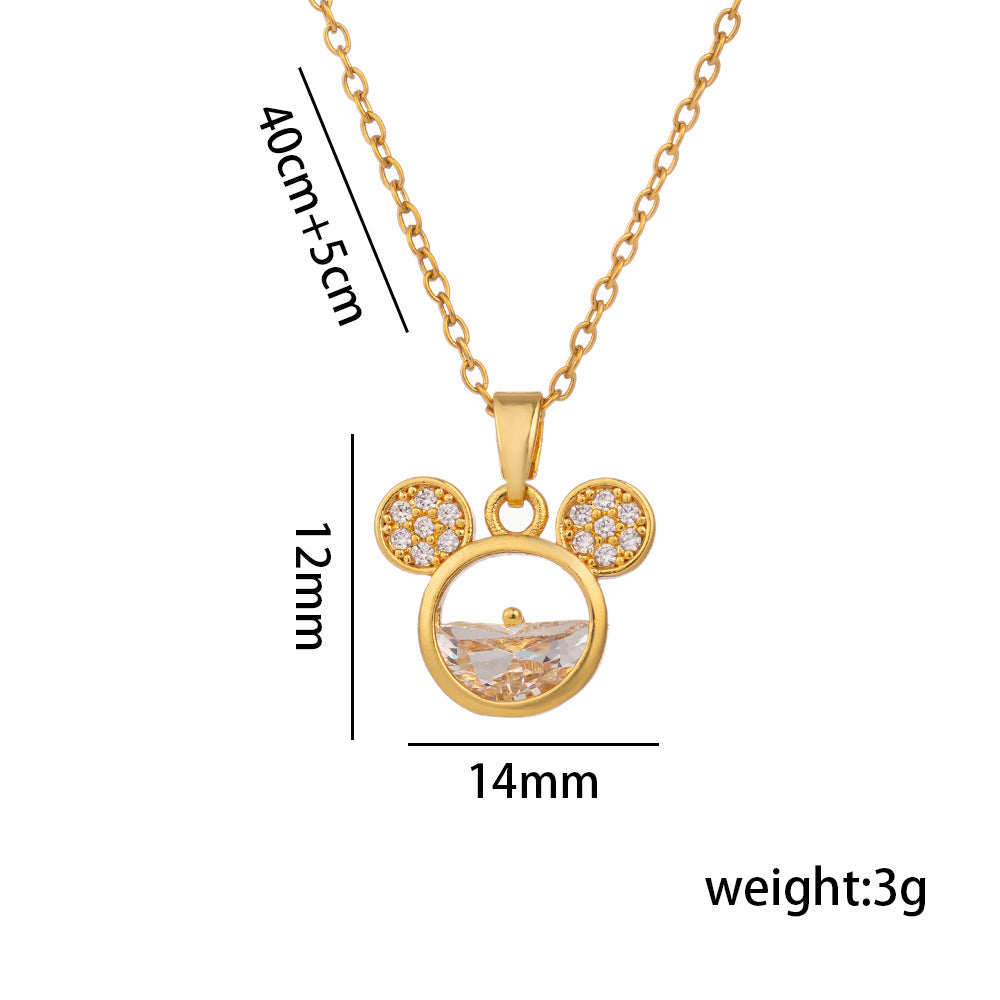 Collana con ciondolo in strass di Topolino stile cartone animato carino da donna in acciaio al titanio con finitura galvanizzata, catenina a maglia O, gioiello di moda stile medaglione