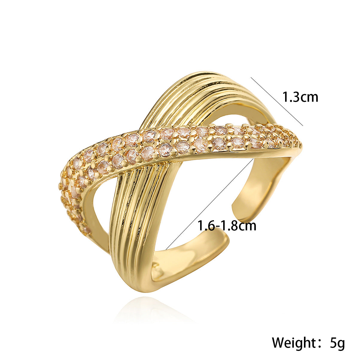 Anello Aperto Geometrico da Donna con Base in Rame Placcata Oro 18K e Zirconi Micro-Incastonati