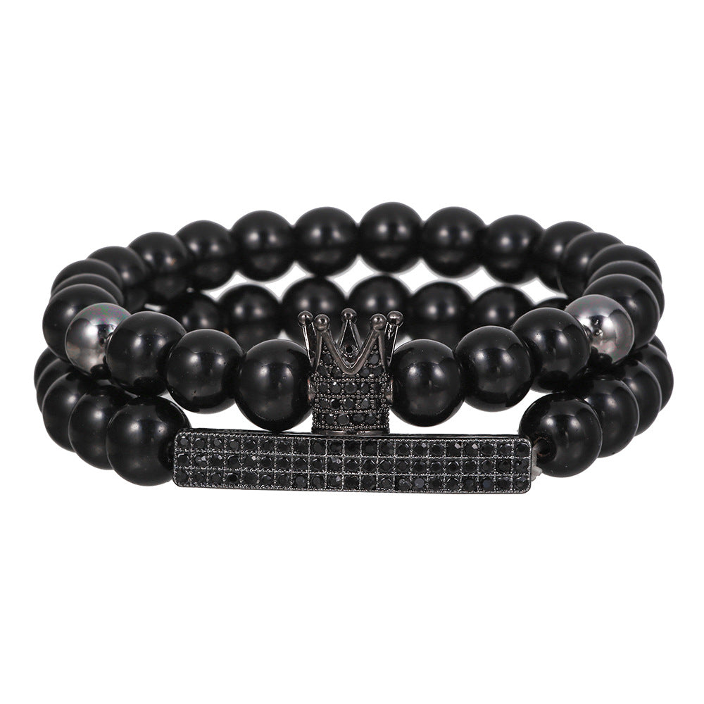 Minimalist Geometric Matte Black Agate and Cubic Zirconia Crown Bracelet Set