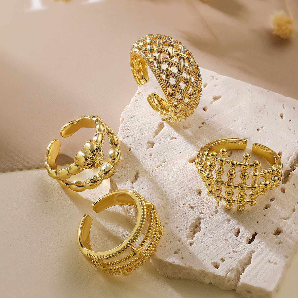 Minimalist Geometric Hollow-Out Copper Ring with 18K Gold Plating and Zircon Accents for Women