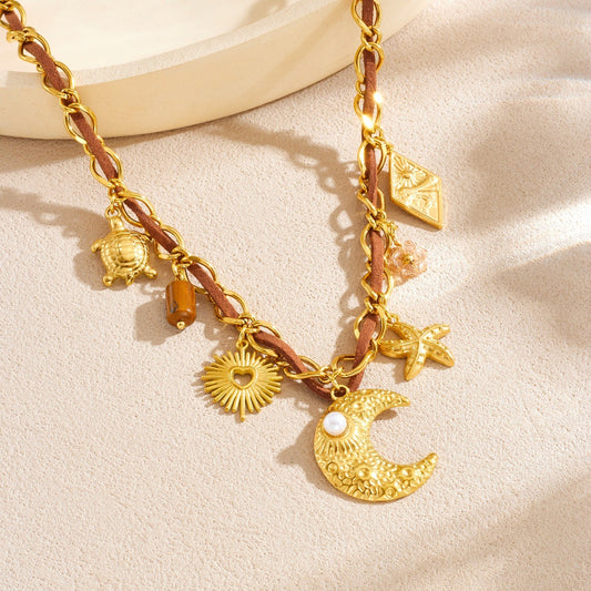 Vintage Elegant Gold Plated Stainless Steel Heart Star Moon Square Geometric Relief Cable Chain Necklace