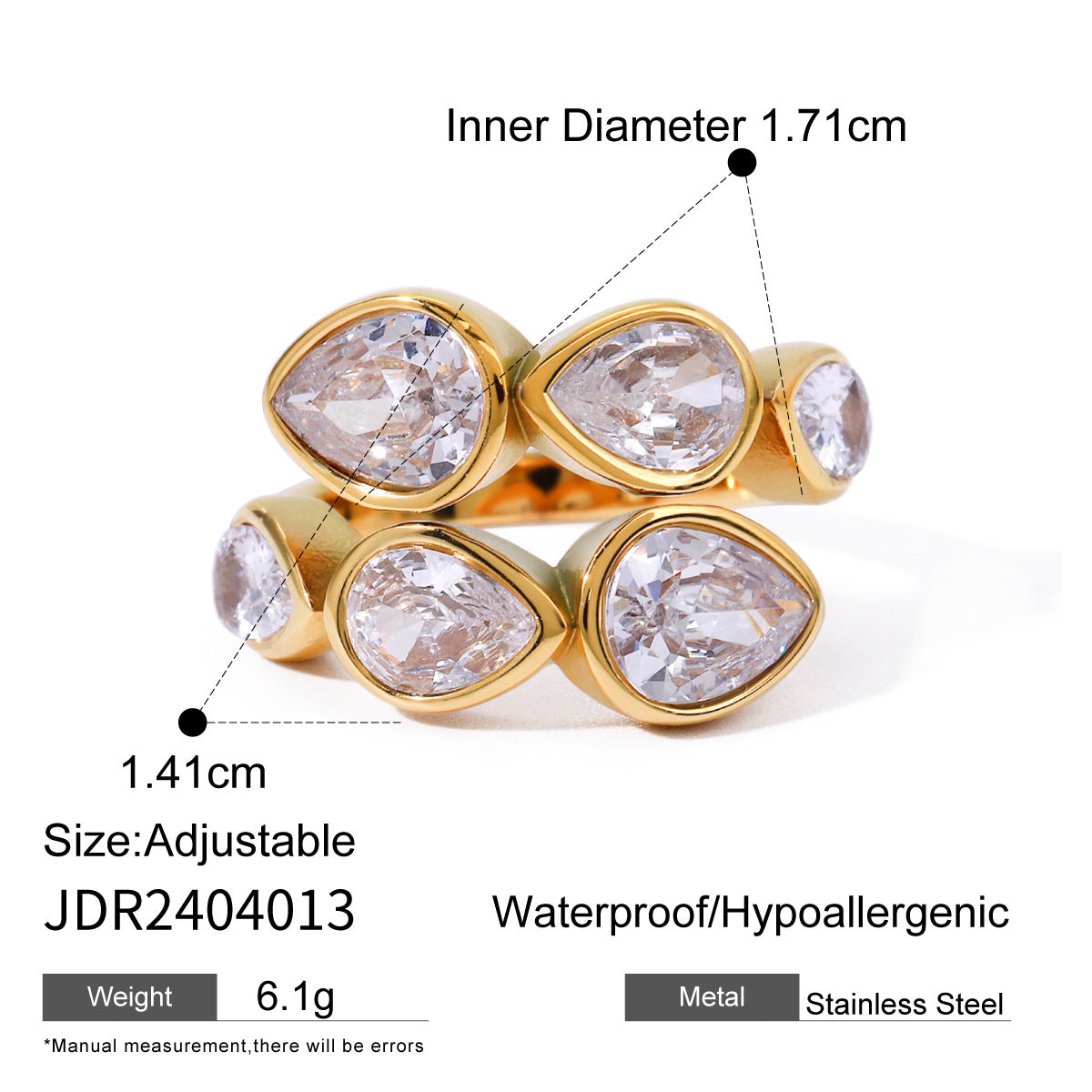 18K Gold Plated Geometric Stainless Steel Ring with Cubic Zirconia