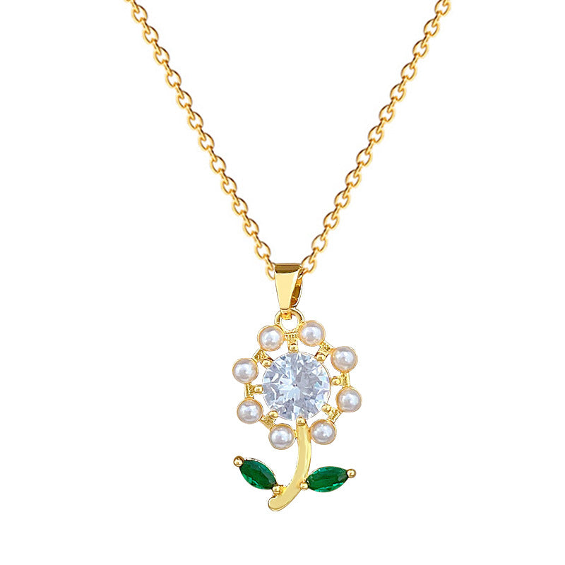 Sweet Elegant Floral Moon Rhinestone Pearl Pendant Titanium Steel Necklace for Unisex