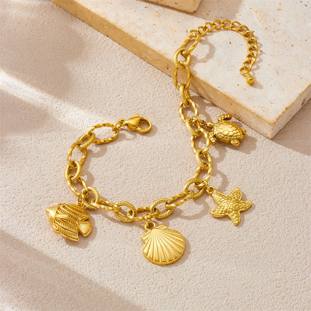 Fashionable Gold-Plated Stainless Steel Sea Star and Turtle Pendant Bracelet for Women