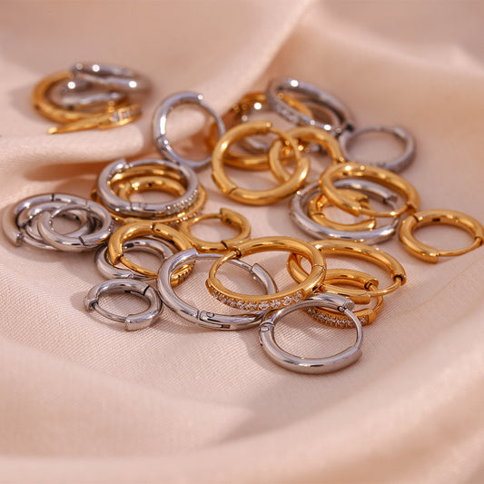 Pendientes de Aro y Ear Cuffs Minimalistas de Acero Inoxidable Geométricos con Baño de Oro de 18K para Mujer