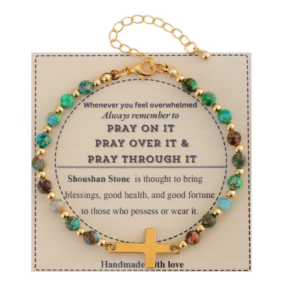 Minimalist Natural Stone Cross Bracelet with Turquoise and Amethyst Inlay for Women