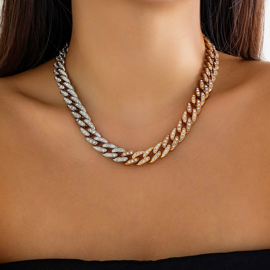 Collana a maglie cubane geometrica punk da donna in lega con intarsi in strass