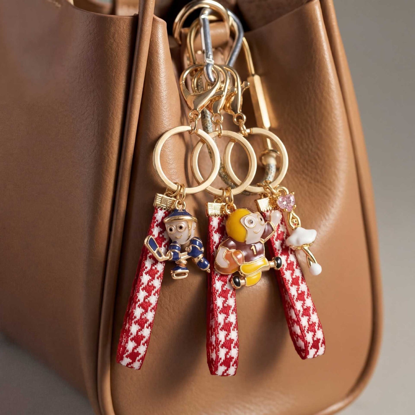 Sweet Gold Plated Brass Cartoon Strawberry Charm Bar Bag Pendant Keychain for Women