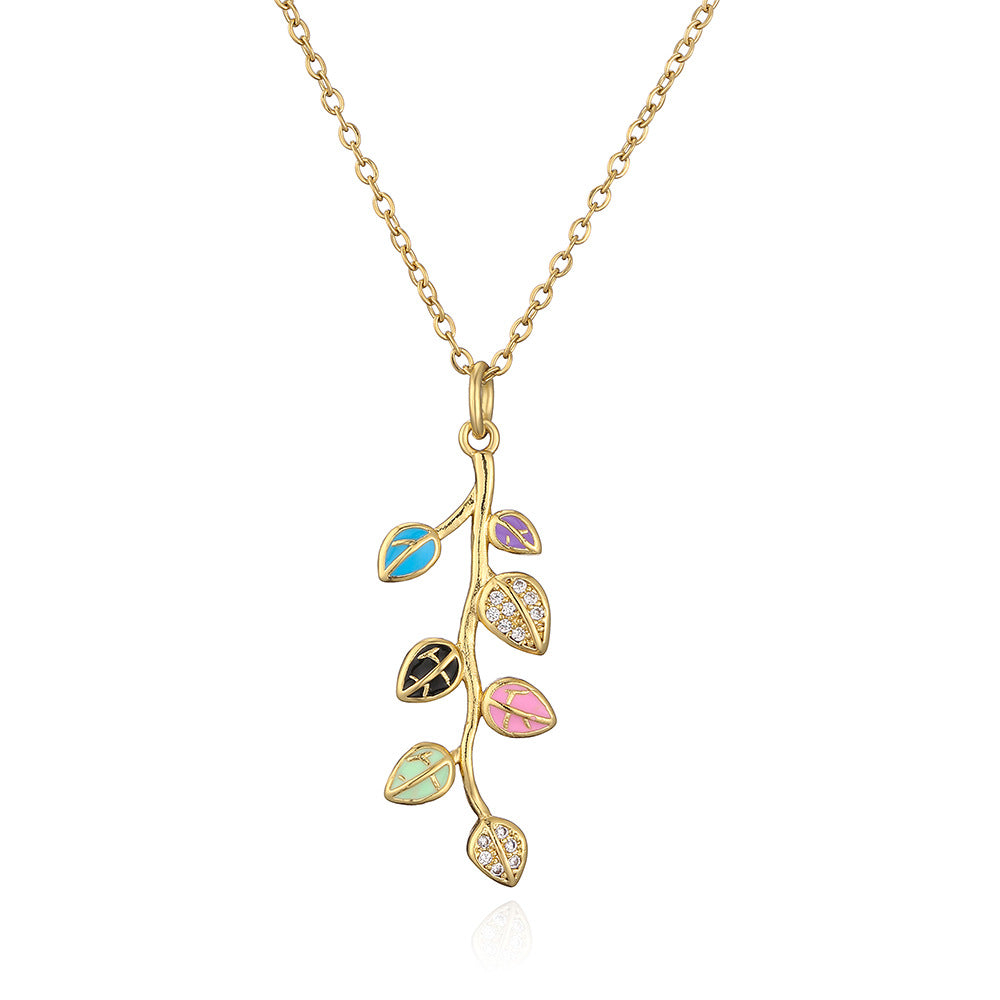 Elegant Enamel Zircon Leaf Pendant Necklace for Women in Copper with Real Gold Plating