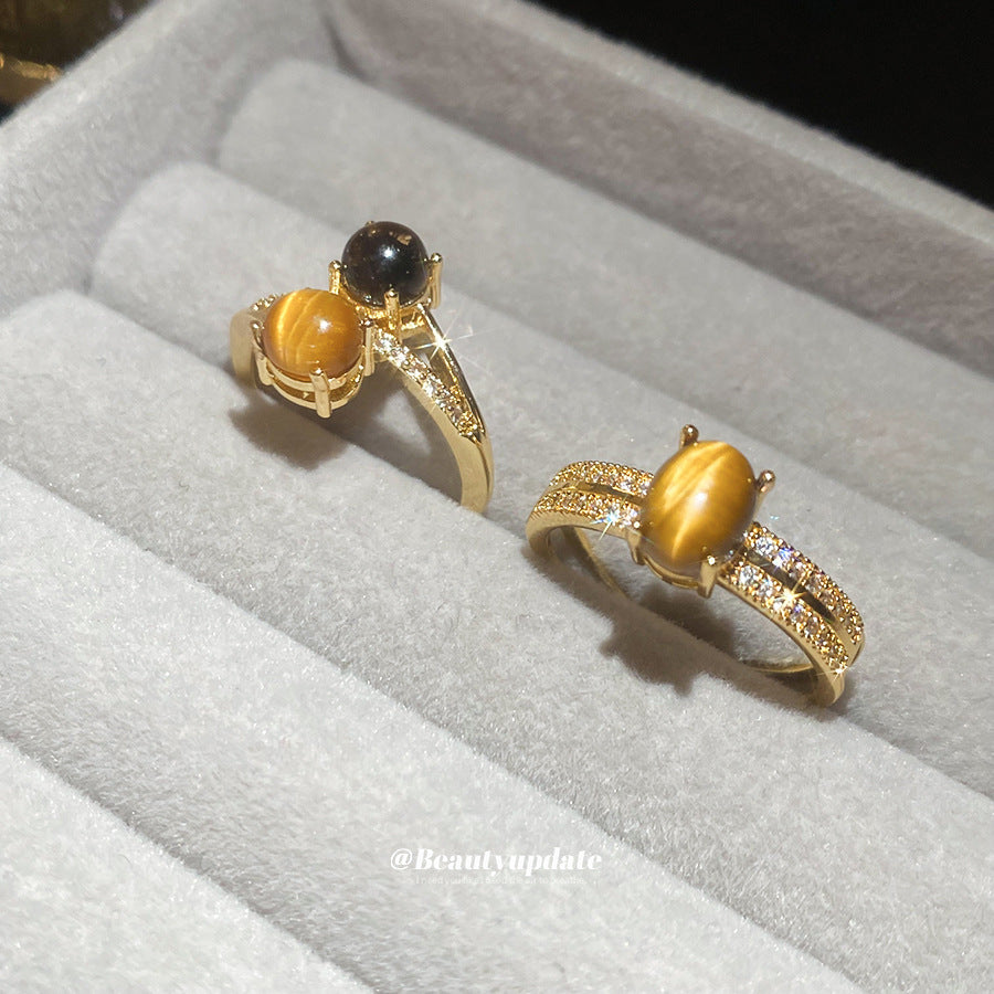 Anello da dito da donna in stile vintage con occhio di tigre geometrico ispirato alla melanina e intarsio in zircone