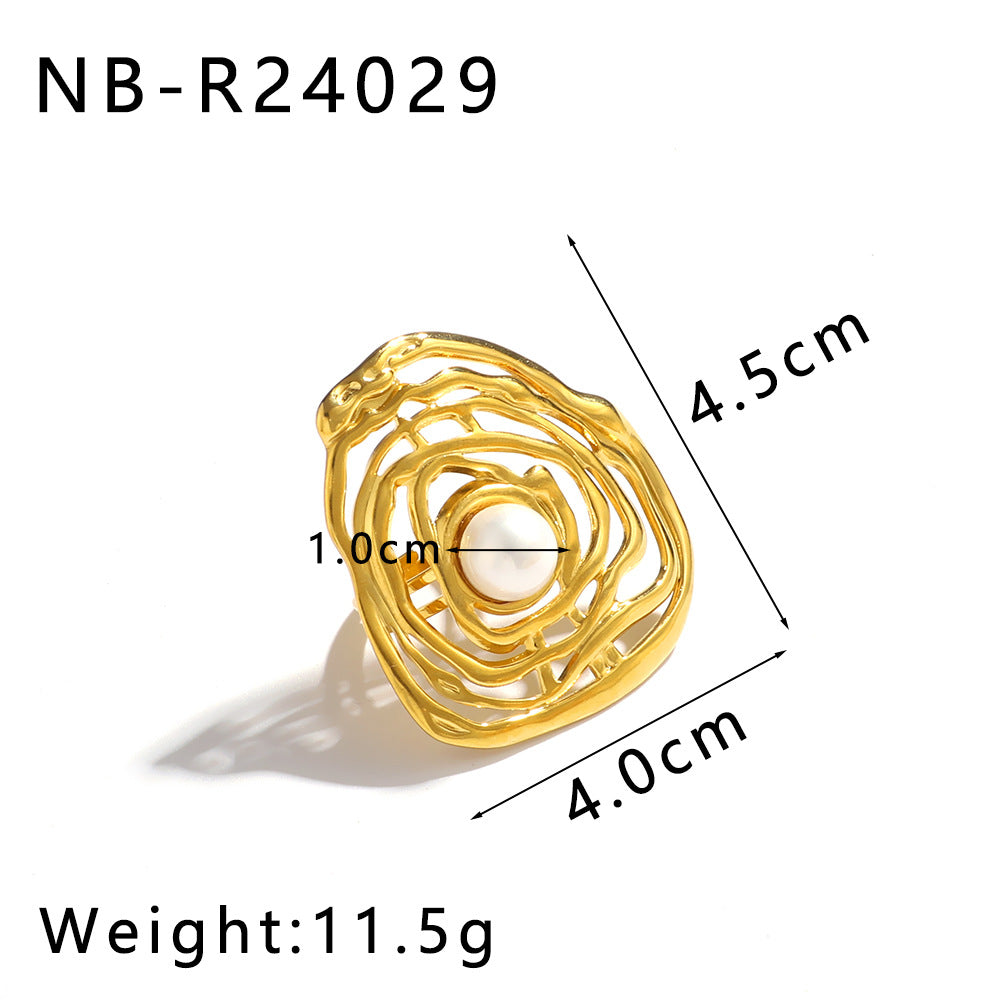 Anello Minimalista Cuore Fiore Farfalla in Acciaio Inossidabile con Intarsio di Perla e Placcatura Sottovuoto in Oro 18K