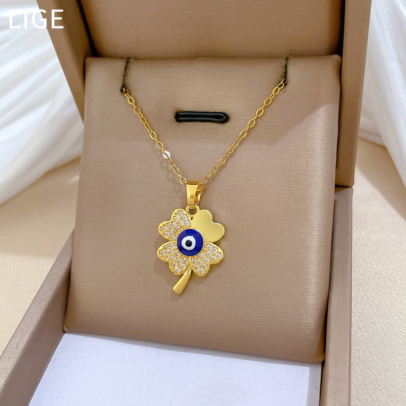 Sweet Minimalist Geometric Rhinestone Clover Eye Necklace Titanium Steel Cable Chain for Unisex