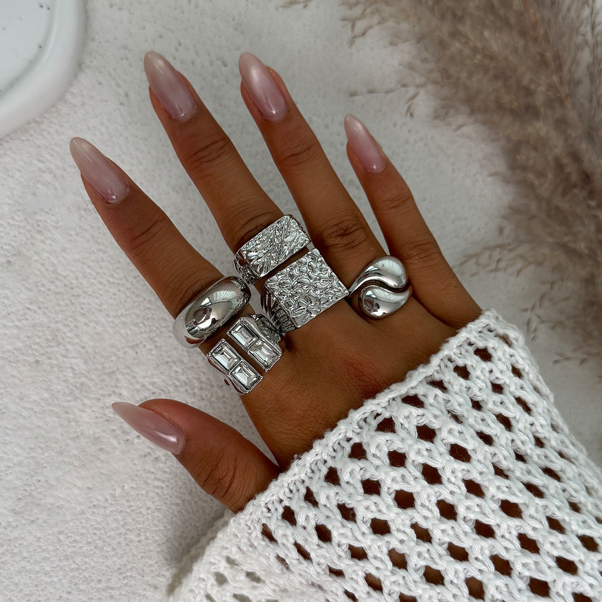 Vintage Geometric Alloy Ring Set with Micro-Pavé Colorful Inlay for Women Stackable Finger Rings