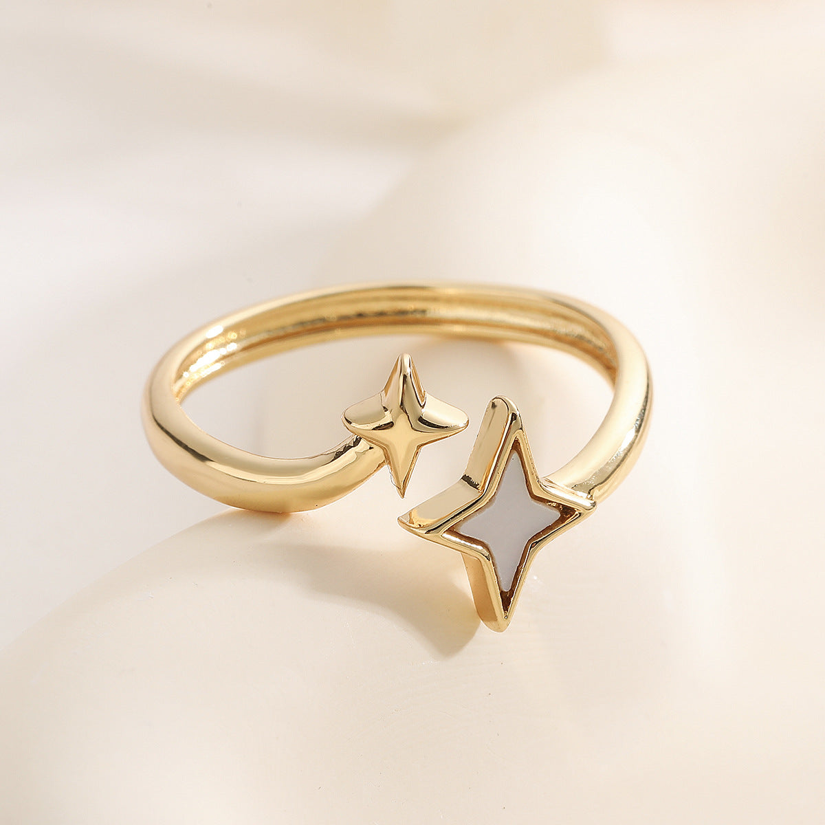 Minimalist 18K Gold Plated Brass Ring with Micro-Inlaid Shell Star Moon and Heart Geometric Design for Women