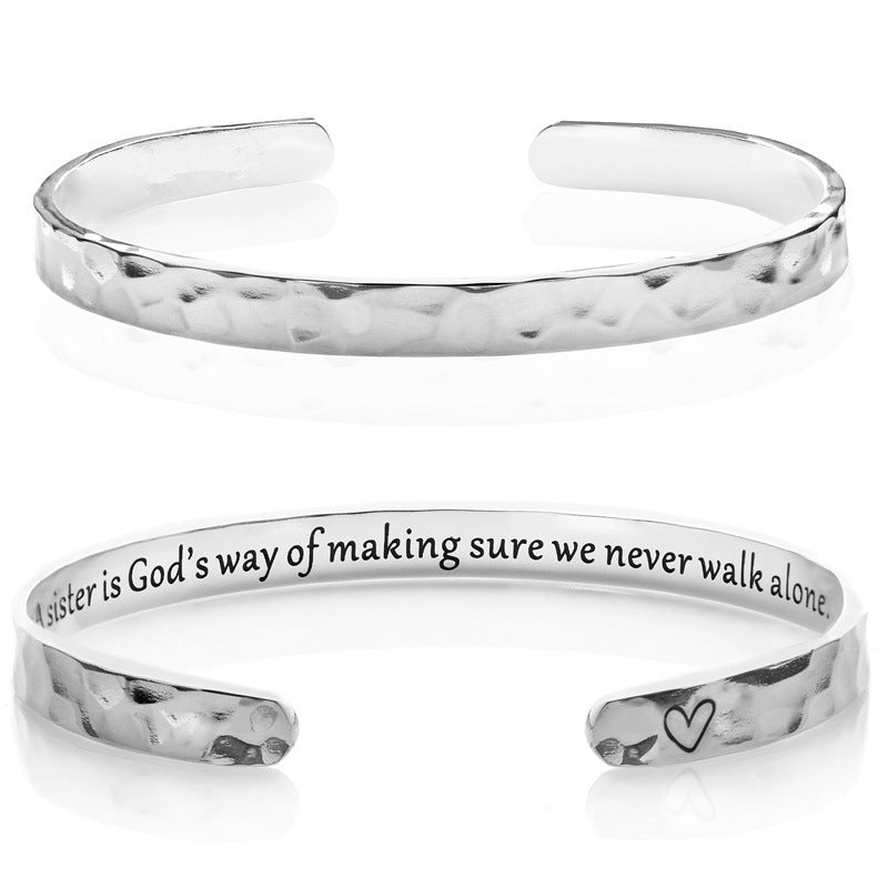 Minimalist Stainless Steel Engraved Open Moon Surface Textured Hammered Bracelet