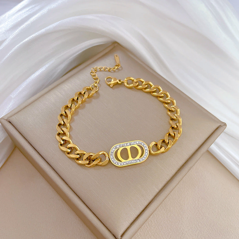 Minimalist Vintage CD Chain Bracelet in Titanium Steel with Rhinestone Inlay Constellation Design Gold Plated Bean and Wavy Texture