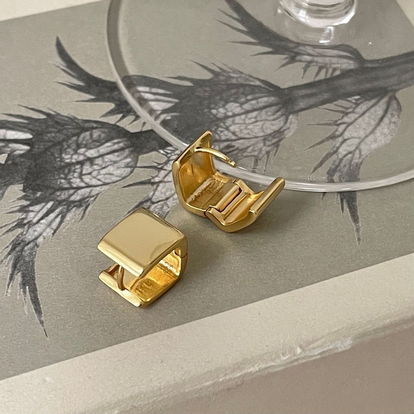 925 Sterling Silver Square Teardrop Hoop Earrings with Pearl Inlay Gold and Platinum Plated Geometric Design