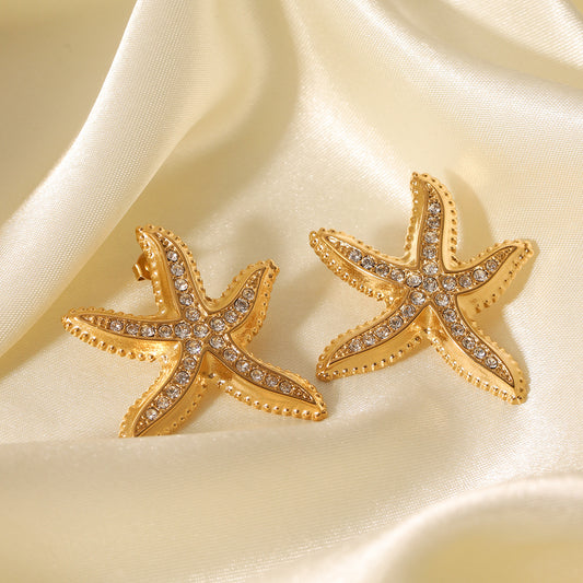 Orecchini a stella minimalisti in acciaio inossidabile con intarsio di strass placcati in oro 18 carati da donna