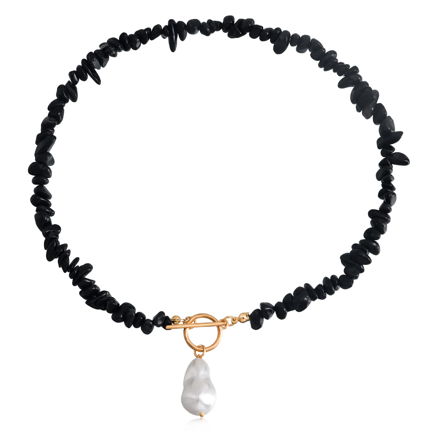 Minimalist Geometric Alloy Necklace with Mother-of-Pearl Pendant and Turquoise Accents, Electroplated Finish