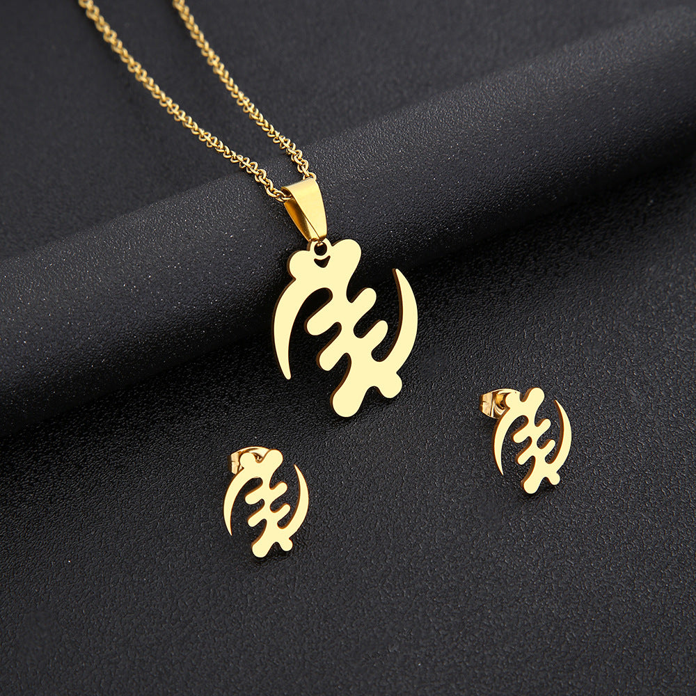Collar y pendientes de mujer de acero inoxidable chapado en oro con colgante de símbolo africano geométrico de moda