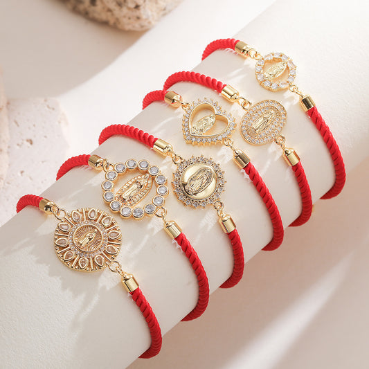 Vintage Minimalist 18K Gold Plated Brass Geometric Inlaid Cubic Zirconia Virgin Mary Pendant Red Rope Bracelet for Women