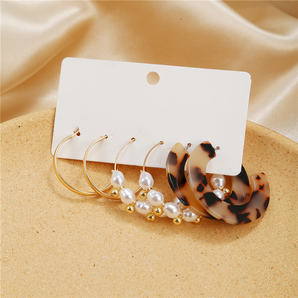 Geometric Leopard Print Acrylic and Alloy C-Shaped Hoop Earrings Set for Women