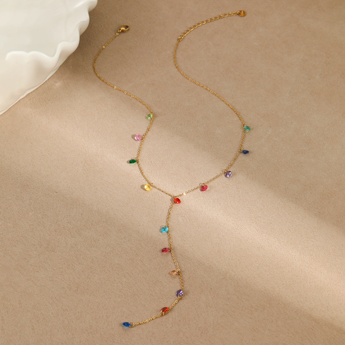 Minimalist Geometric Y-Shaped Stainless Steel Necklace with 18K Gold Plating and Colorful Zircon Accents for Women