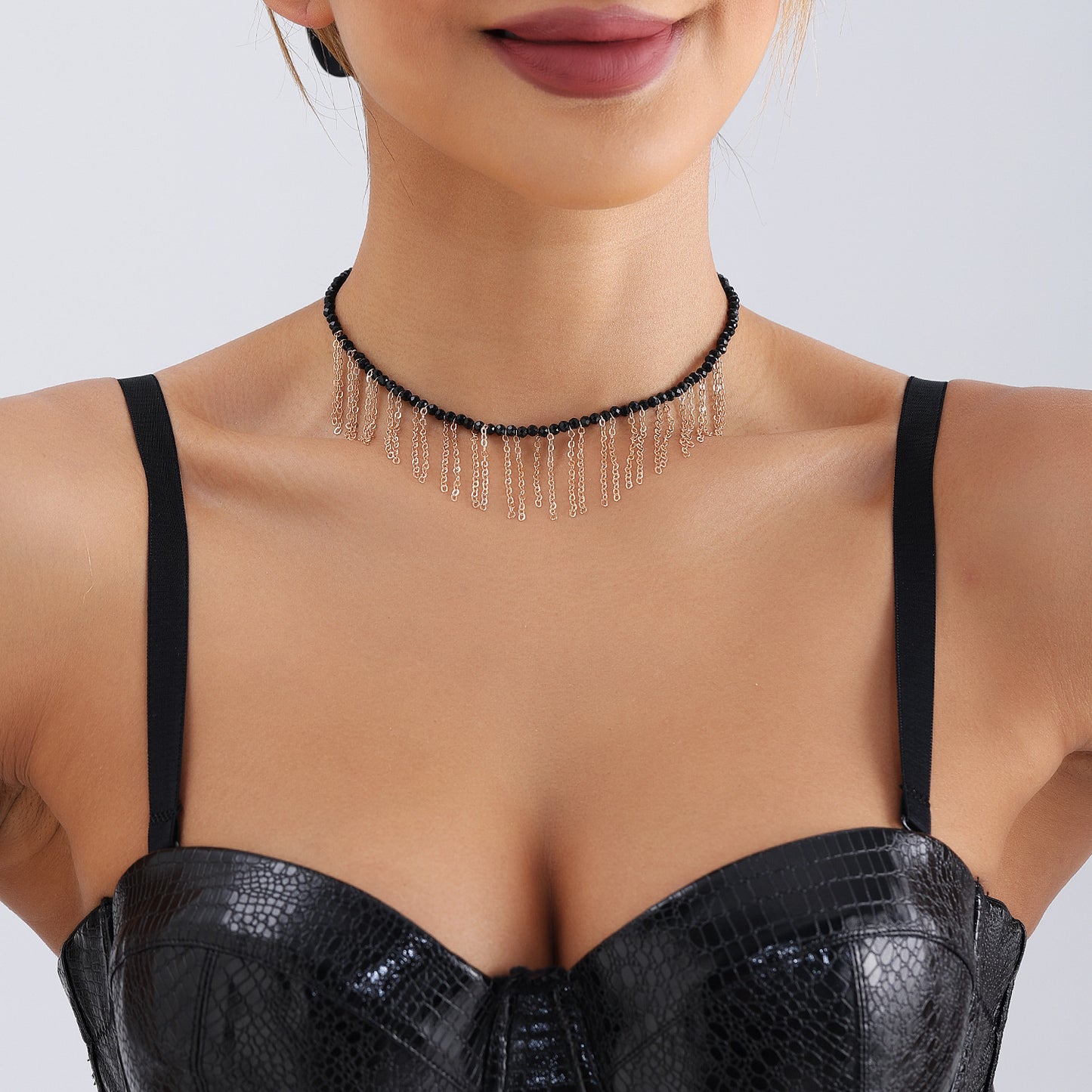 Minimalist Geometric Black Rhinestone Pendant Necklace for Women with Delicate Fringe Detail and Gold Plated Finish