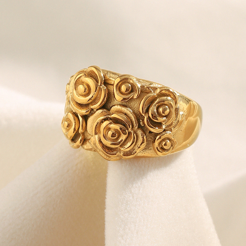 Anillo Abierto Floral de Estilo Francés Vintage de Acero Inoxidable con Baño de Oro de 18K para Mujer