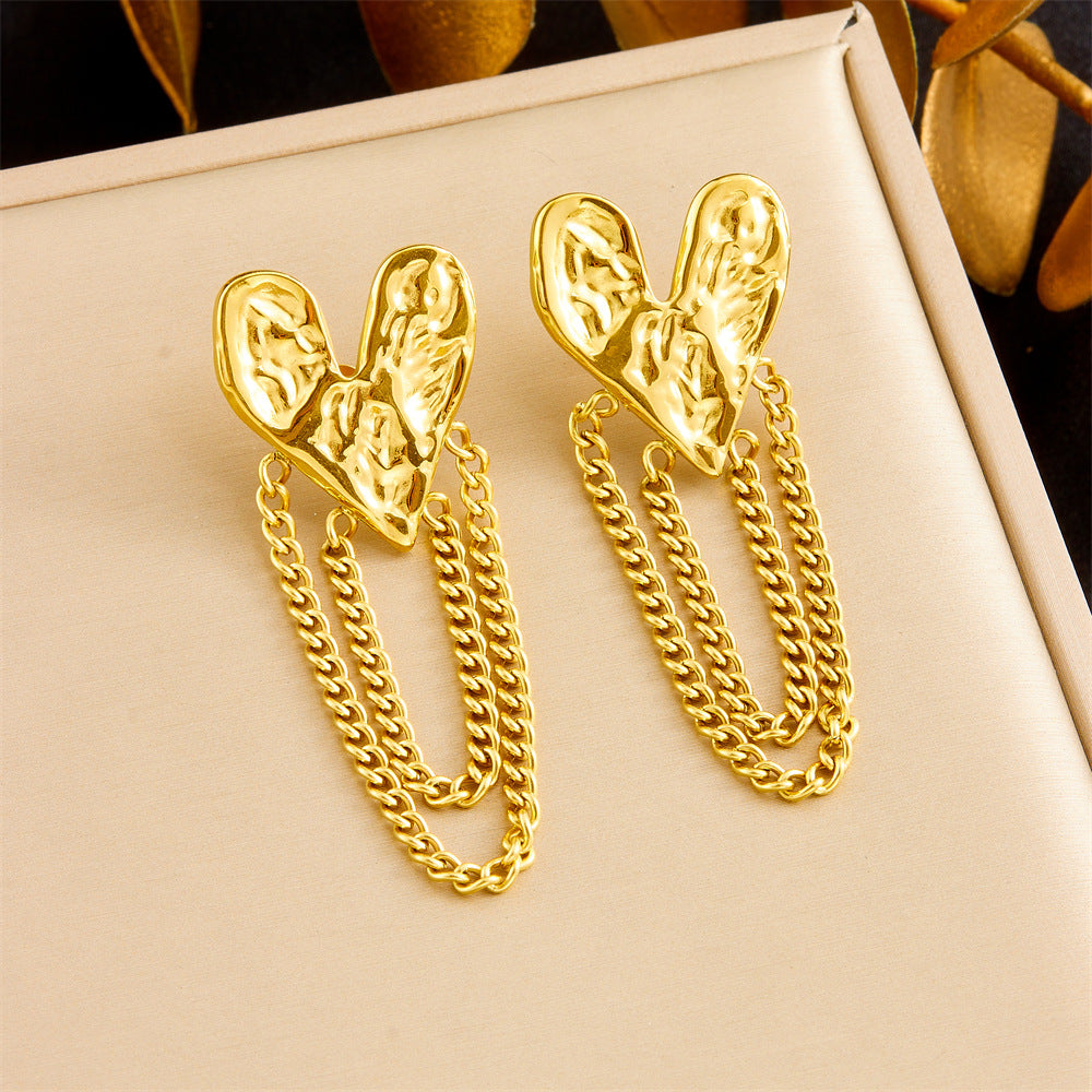 Gold Plated Rhinestone Heart Floral Bow Tassel Stainless Steel Earrings for Women
