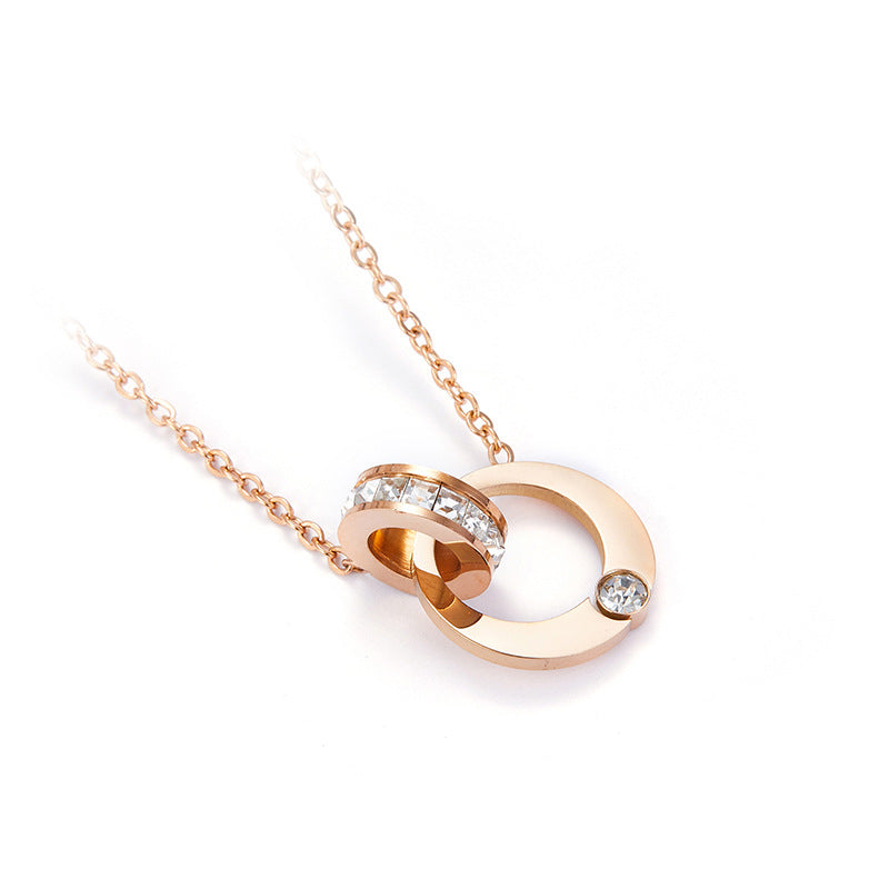 Collana con ciondolo a doppio cerchio in acciaio al titanio, geometrico minimalista, con strass intarsiati, da donna