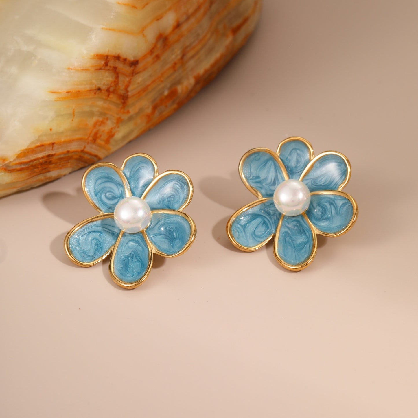 Vintage Floral Stainless Steel Earrings with Enamel Coloring and Pearl Inlay for Women