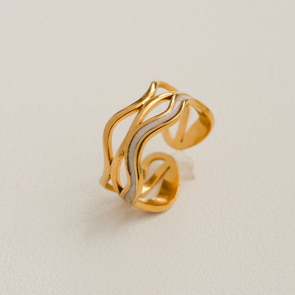 Anillo minimalista de acero de titanio con forma de girasol para mujer, con banda abierta ajustable y acabado chapado en oro