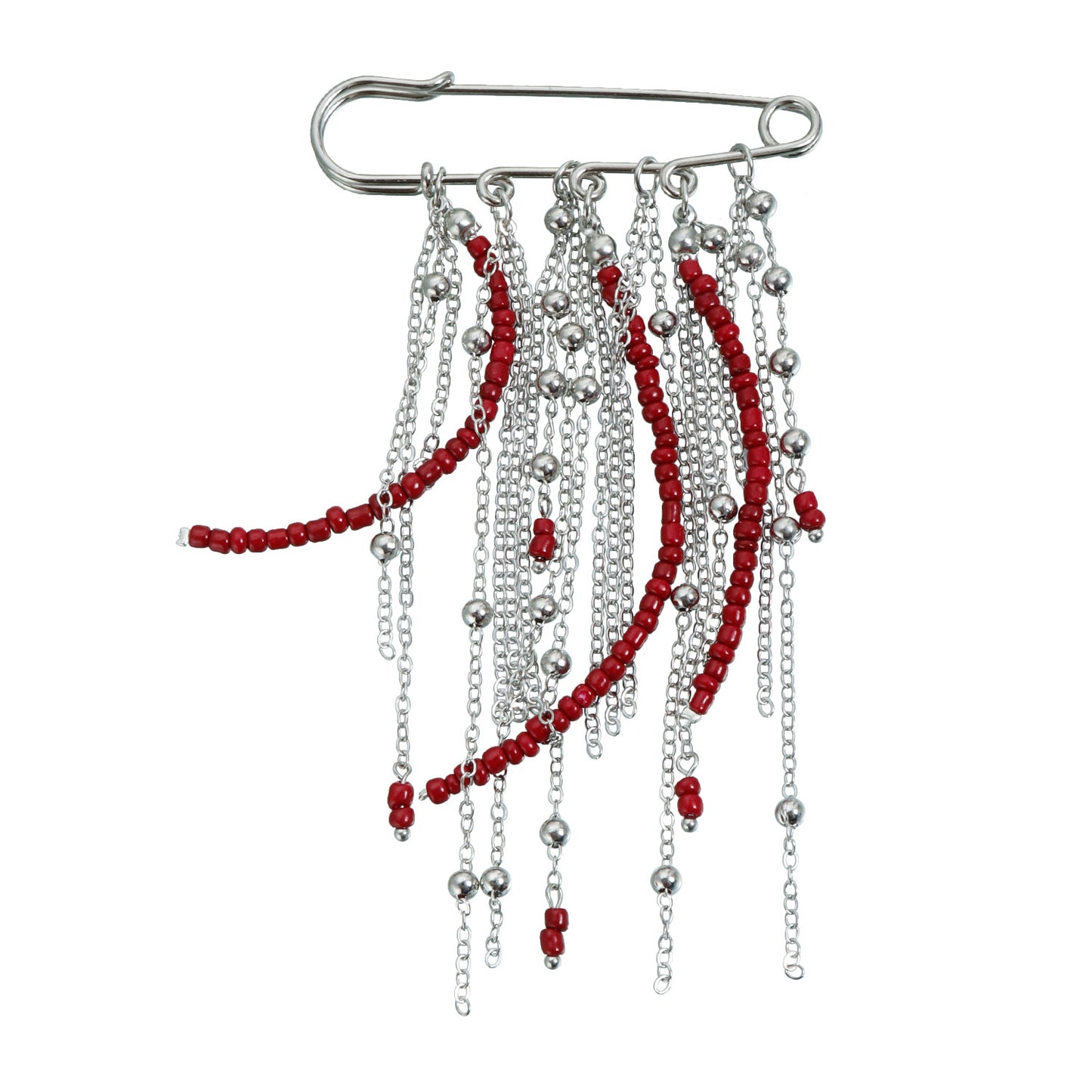 Vintage Geometric Alloy Plated Brooch with Red Bead Tassel and Multi-Chain Design