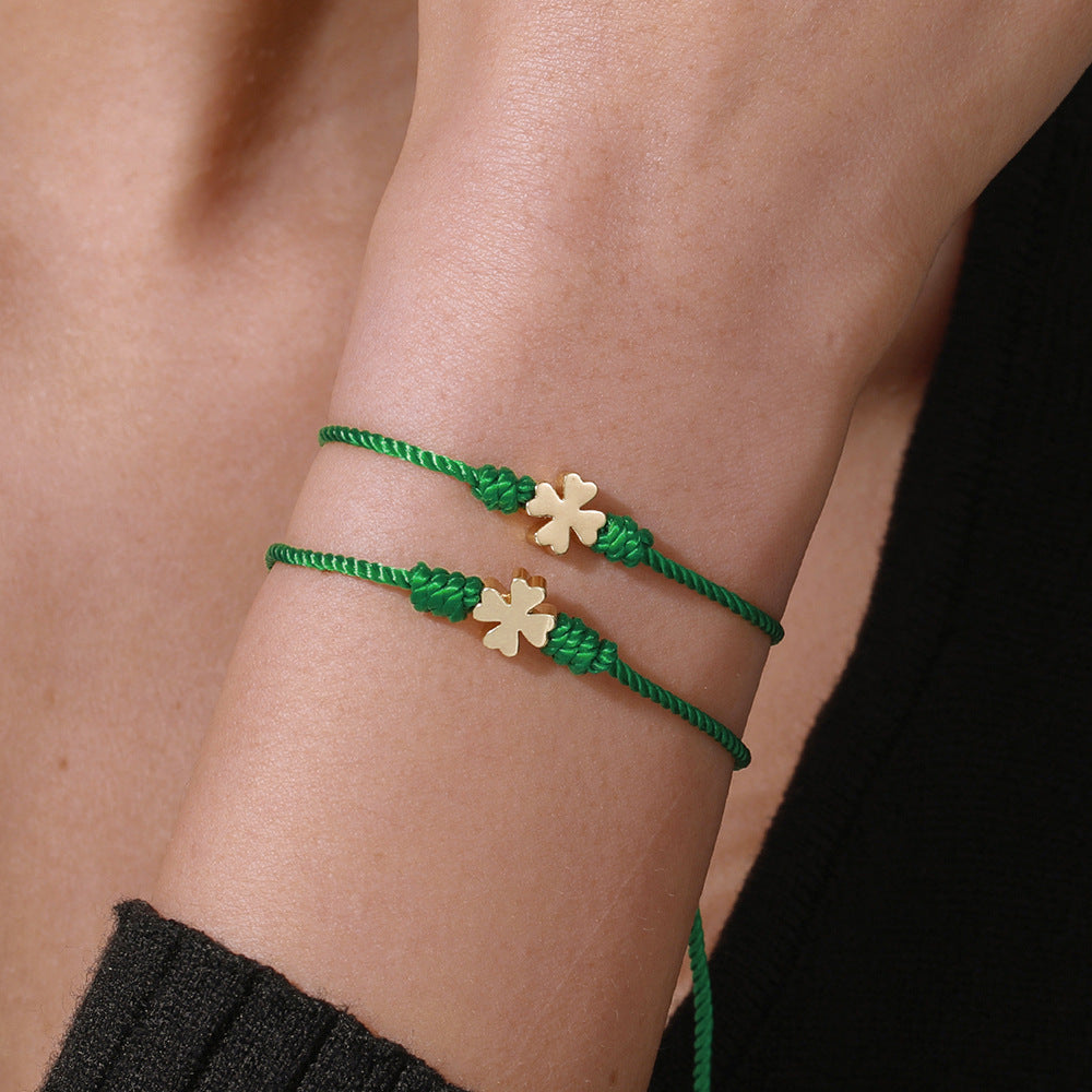 Green Four-Leaf Clover Stainless Steel Woven Bracelet for Women and Men
