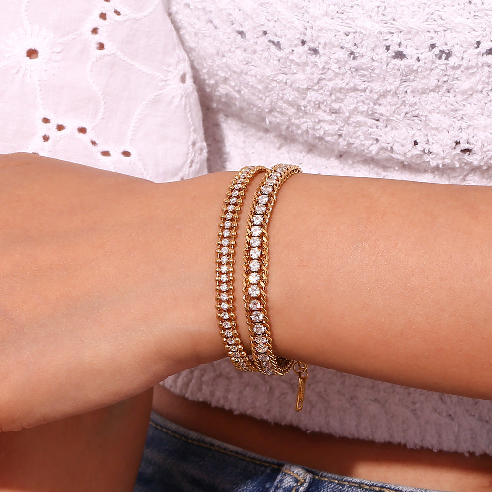 Fashionable Geometric Stainless Steel Plated 18K Gold Triple Twisted Beaded Zirconia Bracelet for Women