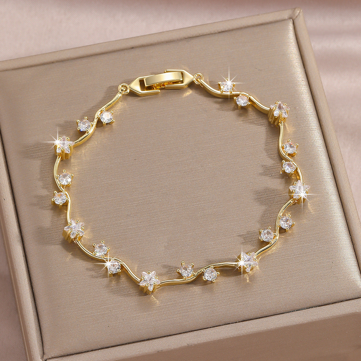 Luxury Gold Plated Brass Leaf Bracelet with Cubic Zirconia Inlay Unisex Floral Design