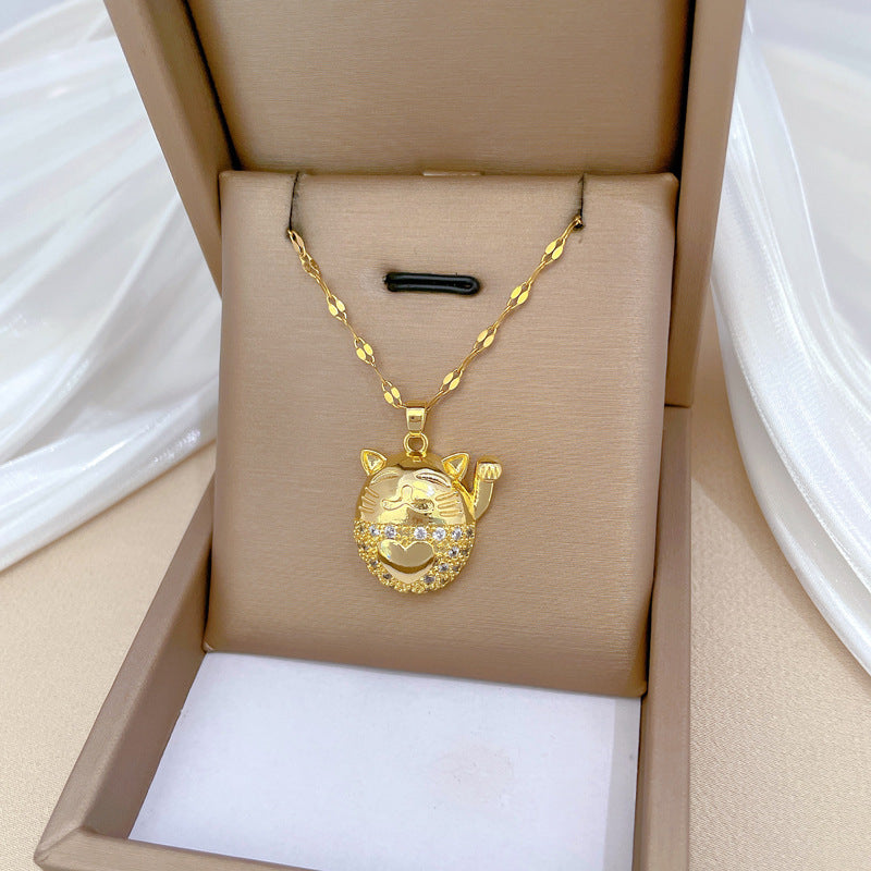 Collana pendente a forma di gatto minimalista in acciaio inossidabile con intarsio di strass per donne e uomini, catena regolabile