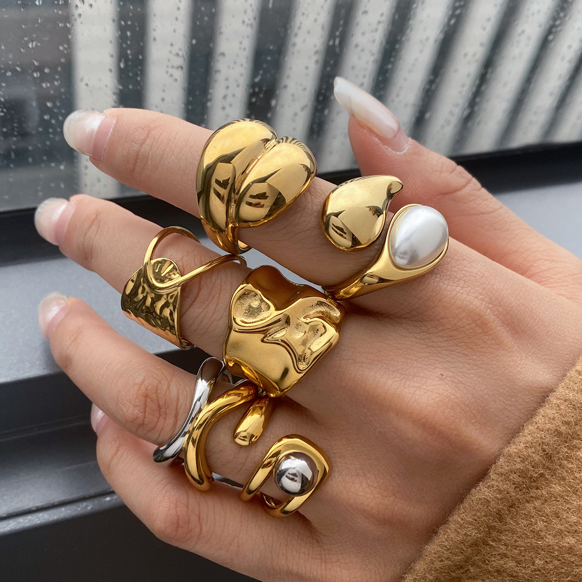 Geometric Stainless Steel Plated Ring with Pearl Inlay for Women