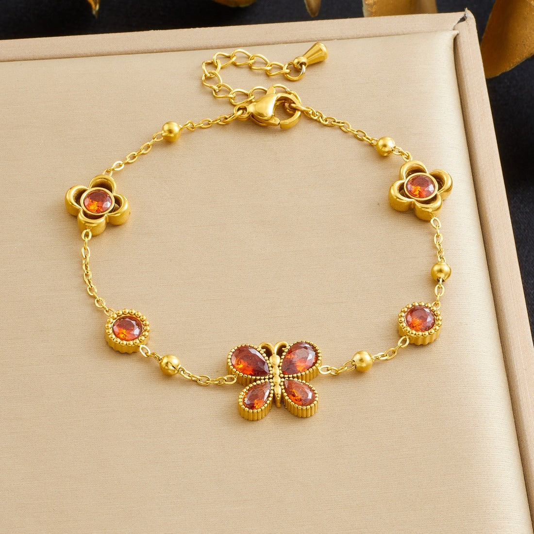 Gold Plated Stainless Steel Round Butterfly Flower Rhinestone Pendant Bracelet for Women