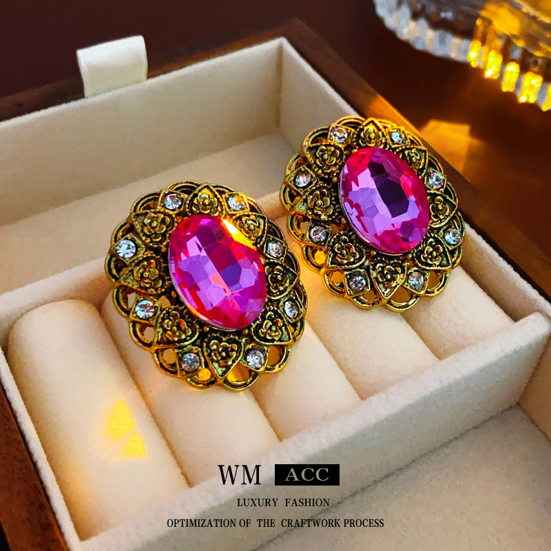 Orecchini ovali geometrici stile vintage con intarsio in strass e lega placcata con finitura anticata, perno in acciaio inossidabile da donna