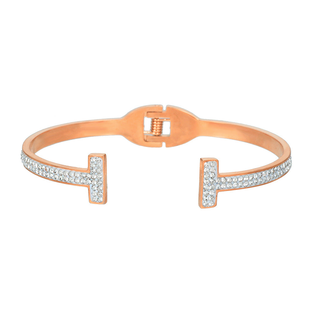 Minimalist Geometric Double-T Rhinestone Inlaid Titanium Steel Open Cuff Bracelet for Women