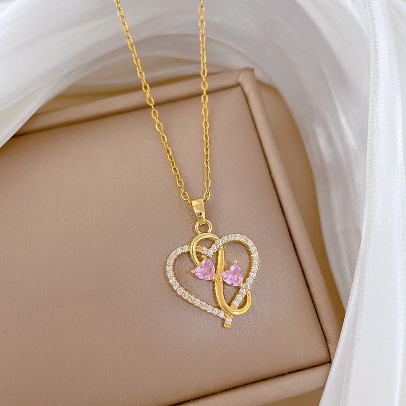 Sweet Minimalist Heart Geometric Rhinestone Pendant Titanium Steel Necklace for Unisex