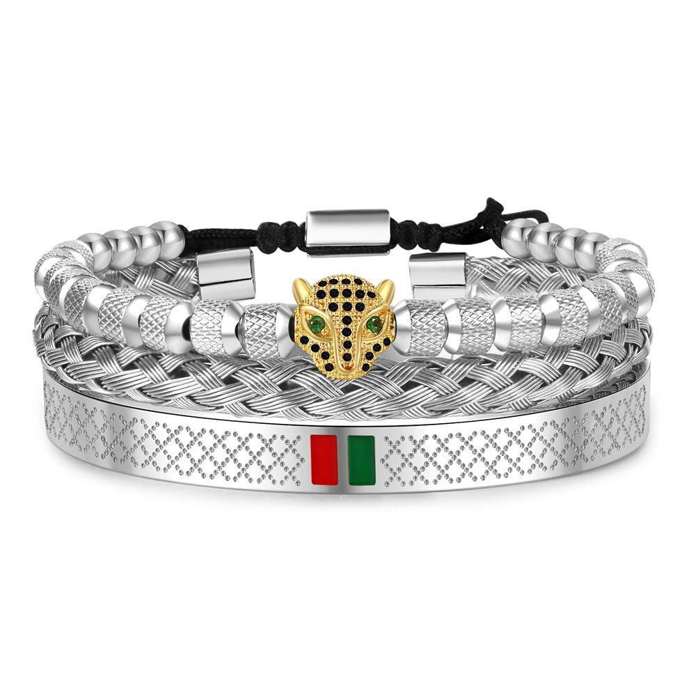 Hip-hop Men's Brass Cubic Zirconia Leopard Head Stainless Steel Bracelet Cuff Set