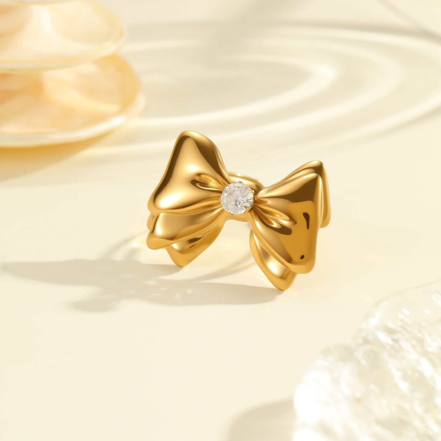Anillo de Acero Inoxidable con Zirconia en Forma de Lazo, Chapado en Oro de 18K, Ajustable, Abierto, para Mujer
