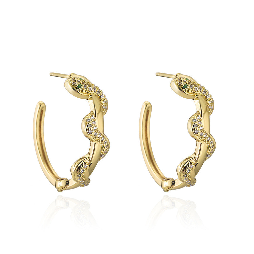 Ins Style Geometric Snake Shape Copper Earrings for Women with 18K Gold Plating and Zircon Inlay