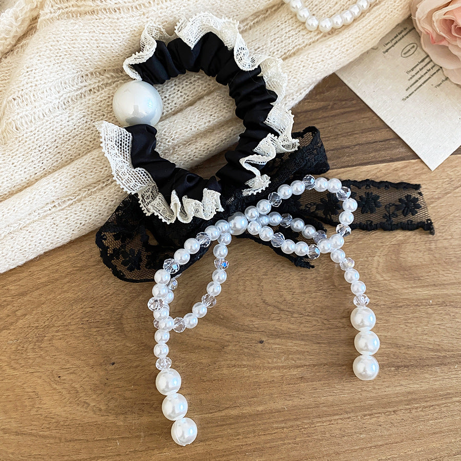 Elegante lazo para el cabello de tela con perlas de imitación para mujer, cierre magnético, hecho a mano, versátil sujetador de cola de caballo con tacto de lujo