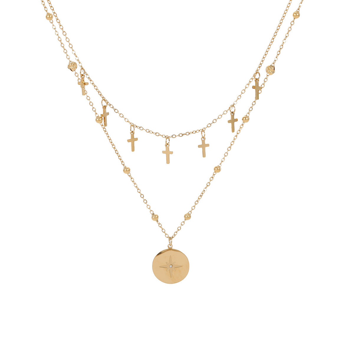 Collar con colgante de cruz de acero de titanio de doble capa, estilo vintage, con diseño geométrico de estrella y medallón redondo, cadena de acero inoxidable galvanizado para mujer